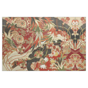 Tissu FLEURS JAPONAISES ANCIENNES Rouge Vert Noir Floral