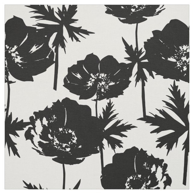 Tissu Fleurs noires, blanc, Monochrome (Échantillon)