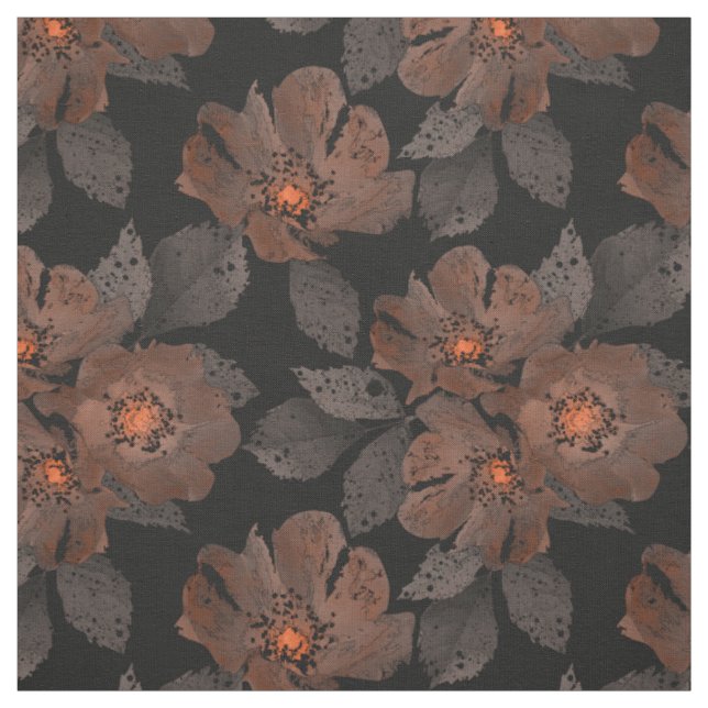 Tissu Fleurs orange et marron sur fond noir. (Échantillon)