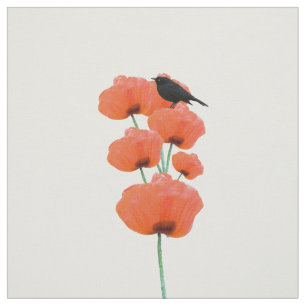 Tissu Fleurs oranges de pavot d'oiseau noir mignon