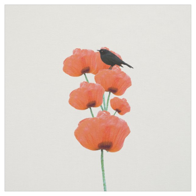 Tissu Fleurs oranges de pavot d'oiseau noir mignon (Échantillon)