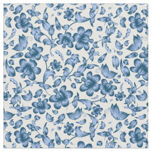 Tissu Fleurs Papillons Printemps Floral Bleu sur Blanc