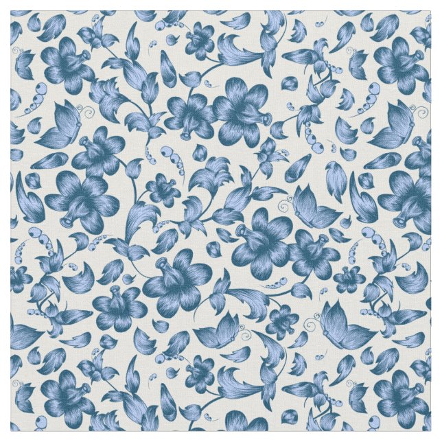 Tissu Fleurs Papillons Printemps Floral Bleu sur Blanc (Fermer)