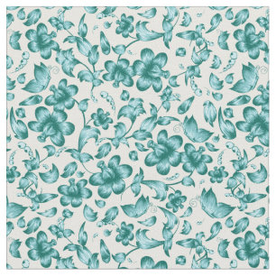 Tissu Fleurs Papillons Ressort Floral Turquoise sur blan