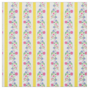 Tissu Fleurs/rayures blanches, jaune vif/folk(2)blanches