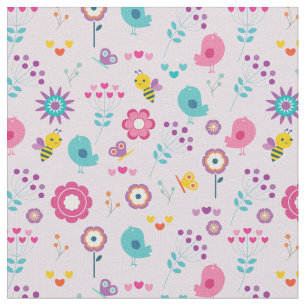 Tissu Fleurs rétro Oiseaux et abeilles sur Arrière - pla