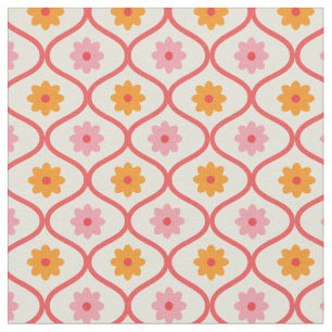 Tissu Fleurs rétro orange et rose sur motif Ogee