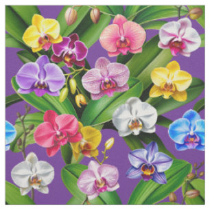 Tissu Fleurs Rose Bleu Jaune Lilas Vert Orchidée