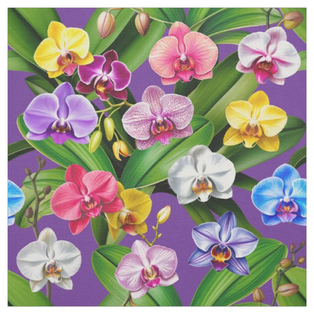 Tissu Fleurs Rose Bleu Jaune Lilas Vert Orchidée (Échantillon)