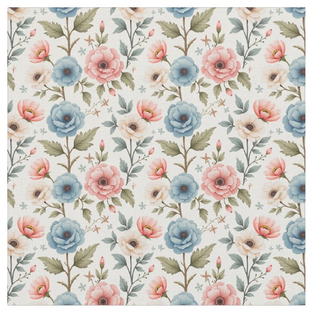 Tissu Fleurs rose et bleu doux (Fermer)