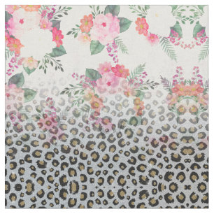 Tissu Fleurs roses Empreintes de léopard noires en argen