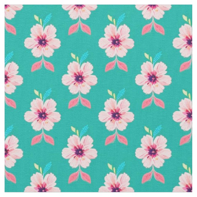 Tissu Fleurs roses et feuilles sur fond sarcelle (Fermer)