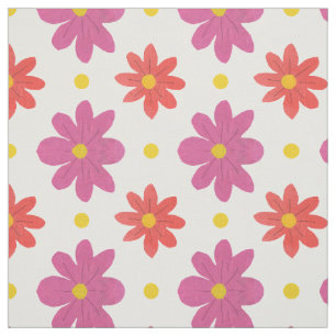 Tissu Fleurs roses et orange, pois sur fond blanc