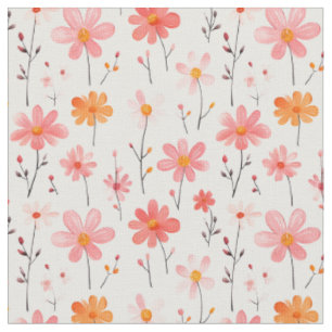Tissu Fleurs roses et orange sur blanc