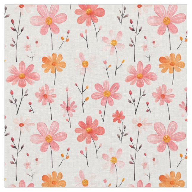 Tissu Fleurs roses et orange sur blanc (Fermer)