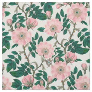 Tissu Fleurs Roses roses et Motif Feuille vert