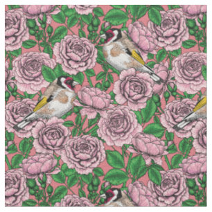 Tissu Fleurs roses roses et oiseaux dorés