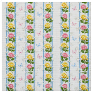 Tissu Fleurs Roses Roses Jaunes et Bleues à Rayure