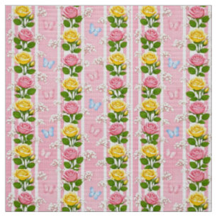 Tissu Fleurs Roses Roses Jaunes Rayure Florale