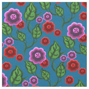 Tissu Fleurs roses/rouges/feuille vert/floral