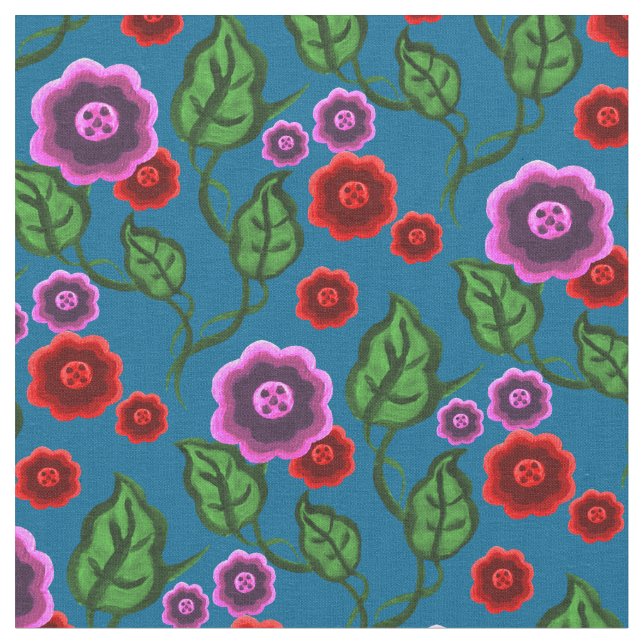 Tissu Fleurs roses/rouges/feuille vert/floral (Fermer)