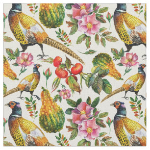 Tissu Fleurs roses vintages de roses d'oiseaux de jaune