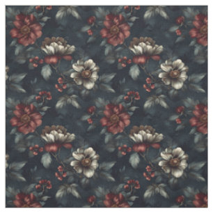 Tissu Fleurs rouge foncé et ivoire