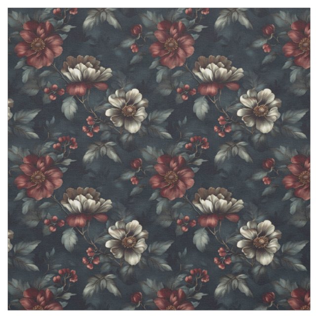 Tissu Fleurs rouge foncé et ivoire (Échantillon)