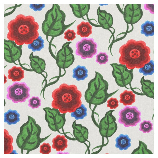 Tissu Fleurs rouges/bleues/roses/feuille/gens verts (Fermer)