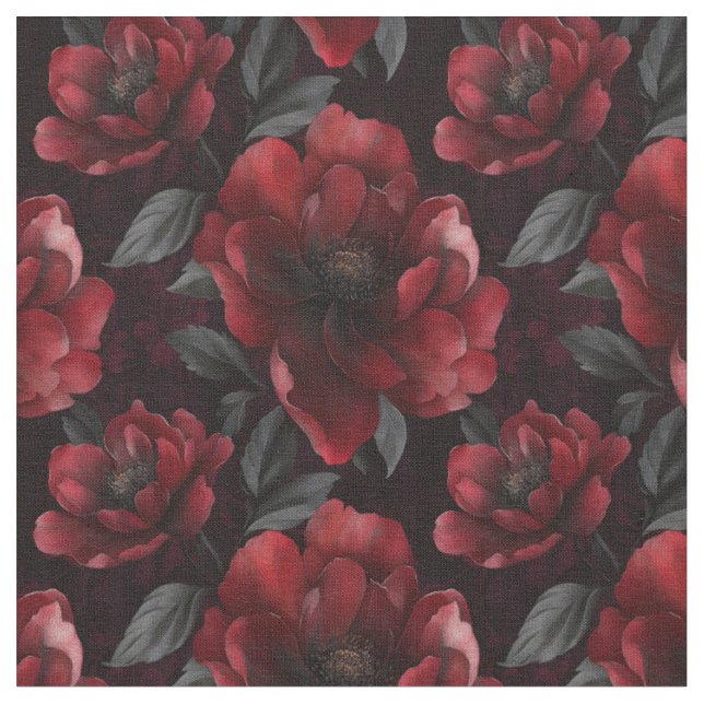 Tissu Fleurs rouges foncées sur noir (Fermer)