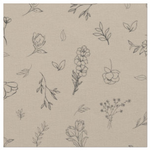 Tissu Fleurs sauvages esquissées sur fond brun clair