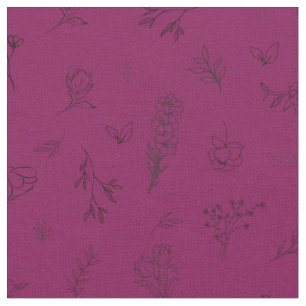 Tissu Fleurs sauvages esquissées sur fond rose foncé