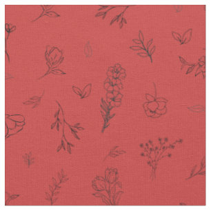 Tissu Fleurs sauvages esquissées sur fond rouge