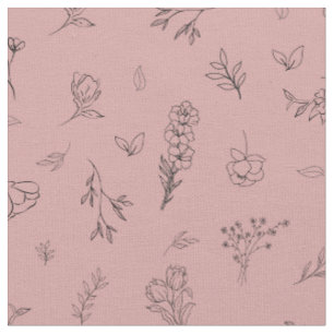 Tissu Fleurs sauvages esquissées sur fond rouge pastel