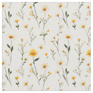 Tissu Fleurs sauvages jaune et ivoire sur blanc