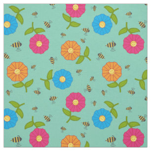 Tissu Fleurs stylisées et abeilles de miel aux couleurs 
