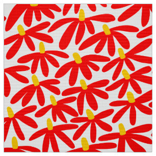 Tissu Fleurs stylisées - Rouge, Ambre et Blanc