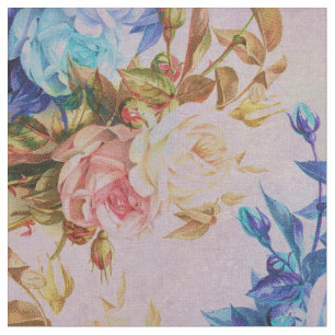 Tissu Fleurs vintages bleues en pastel roses rustiques