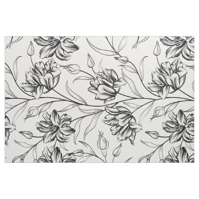 Tissu Fleurs vintages noires et blanches motif (Yard)