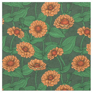 Tissu Fleurs Zinnia orange, feuilles verts sur vert fonc