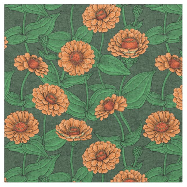 Tissu Fleurs Zinnia orange, feuilles verts sur vert fonc (Fermer)