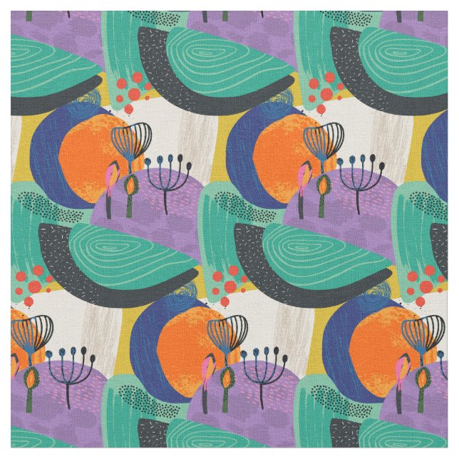 Tissu Floral Abstrait Turquoise violet Motif (Fermer)