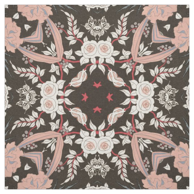 tissu floral bleu, corail et noir art déco (Échantillon)