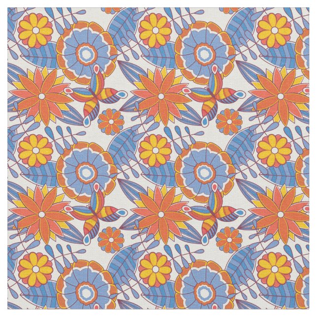 Tissu Floral bleu rétro et orange (Fermer)