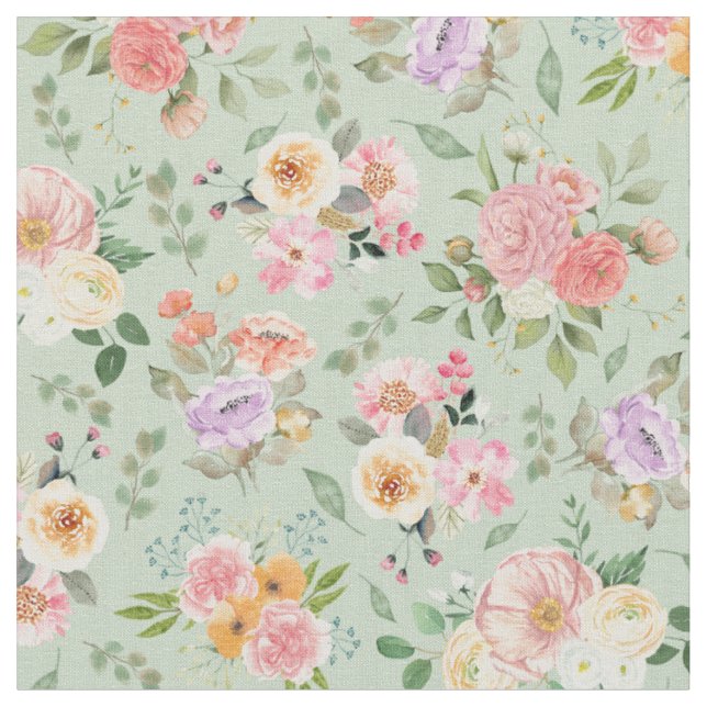 Tissu Floral Boho d'été sur Sage Green (Fermer)