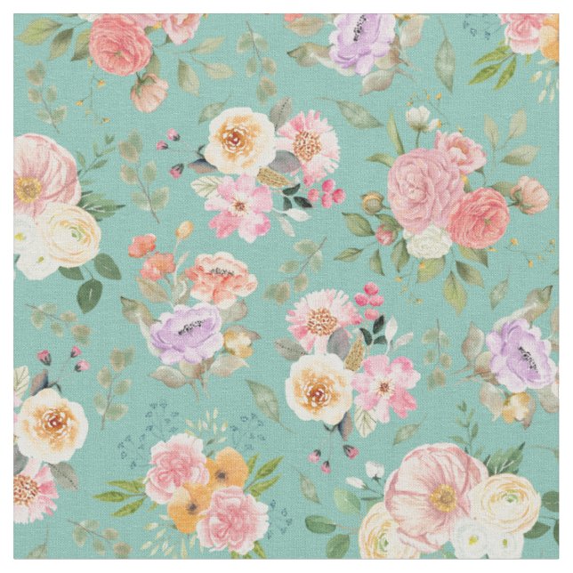 Tissu Floral Boho d'été sur vert (Fermer)