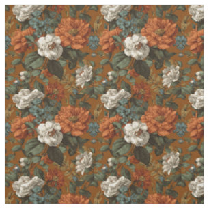 Tissu Floral Botanique Gras Vert Orange Brûlé Rustique