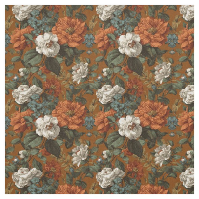 Tissu Floral Botanique Gras Vert Orange Brûlé Rustique (Échantillon)