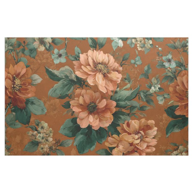 Tissu Floral Botanique Gras Vert Orange Brûlé Rustique (Yard)