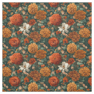 Tissu Floral Botanique Gras Vert Orange Brûlé Rustique